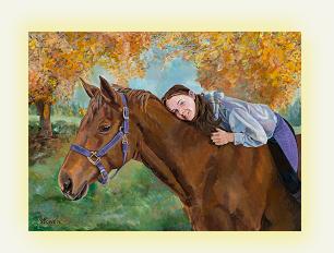 Equine horse painting by Connie Bowen of Kerryl and her horse Harmony. This horse portrait features a fall background
