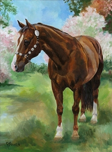 Lew is a horse standing among the spring blossoms
