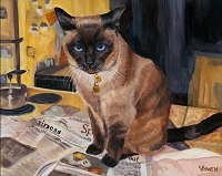 Custom cat portrait painting by Connie Bowen of a Siamese cat named Lucky. He is a help in the kitchen. Siamese cats love to state their opinions on everything!