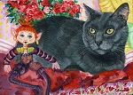 Lucy- Gray cat with whimsical doll and red roses