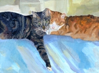 Custom cat portrait painting by Connie Bowen of Whisk and Sherlock, a grey tabby and an orange tabby who are best friends