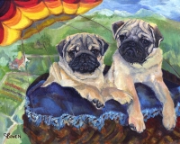 Dog Painting by Connie Bowen of Claire and Macaroon, two adorable Pug puppies. These fawn pugs are puglicious!