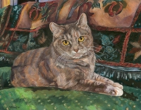 Custom cat portrait painting by Connie Bowen of Daisy, a beautiful classic brown tabby cat. Tabby cats love to lounge with their families!
